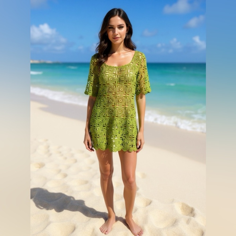 Unbranded green floral crochet tunic long top lace MEDIUM sheer short sleeve - Picture 2 of 13